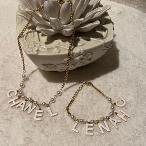 C.C Gold Necklace with White Letter Charms and bracelets Set